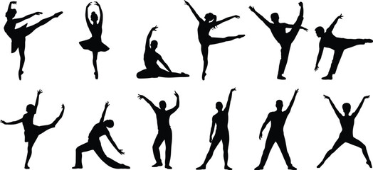 WebCollection of ballet dancer silhouettes in dynamic poses isolated on white background, elegant classical and contemporary dance performance figures for artistic design and choreography concept © Moklesur