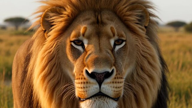 Lion face extreme close-up with mane moving in warm wind, golden-hour light highlighting fur texture, calm powerful expression in natural savanna habitat, intimate wildlife portrait
