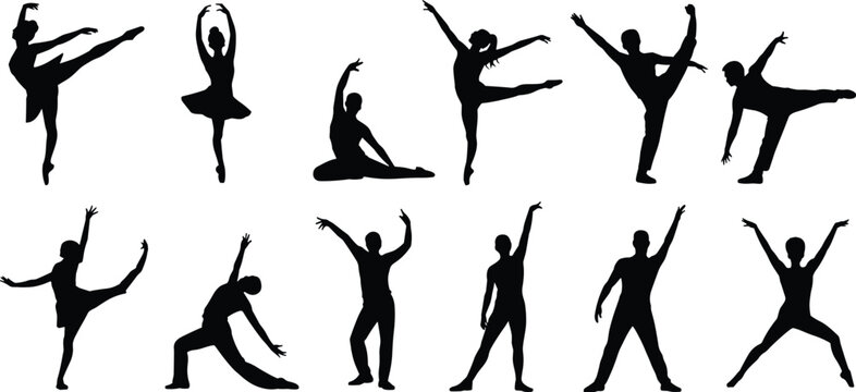 WebCollection of ballet dancer silhouettes in dynamic poses isolated on white background, elegant classical and contemporary dance performance figures for artistic design and choreography concept