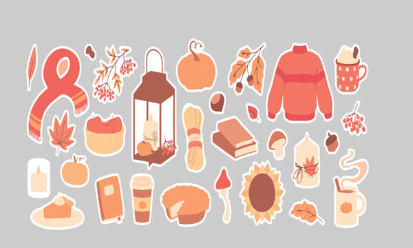 Autumn, fall icons, 25 elements, orange, vector illustrations, seasonal symbols, Thanksgiving, harvest, leaves, pumpkins, warm colors