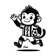 Obraz premium Cute Cartoon Monkey Soccer Player Character Waving and Holding a Ball in Black and White Vector Style