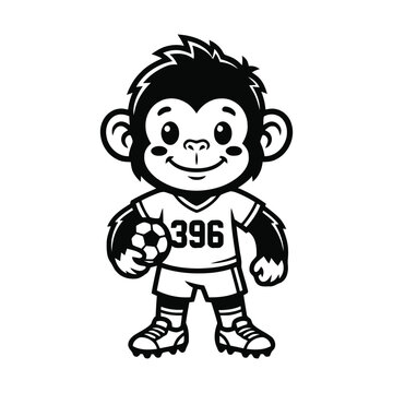 Cute monkey mascot dressed in soccer uniform holding ball black and white sports character illustration vector design