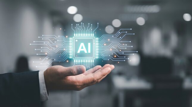 AI Microchip and Cyber Security System Integration: Minimalist Cyan Holographic Smart Circuit Core and Cloud Computing Automation Concept