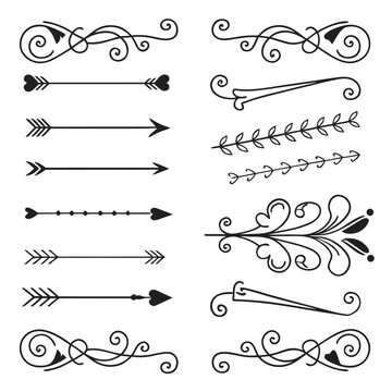 Hand drawn set of dividers and ornate ornaments.