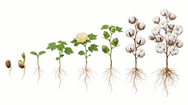 Cotton Plant Growth Stages Life Cycle White Background.