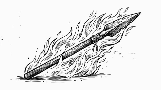 Ancient Spear on Fire, Burning Weapon Illustration, Tribal Warrior Tool