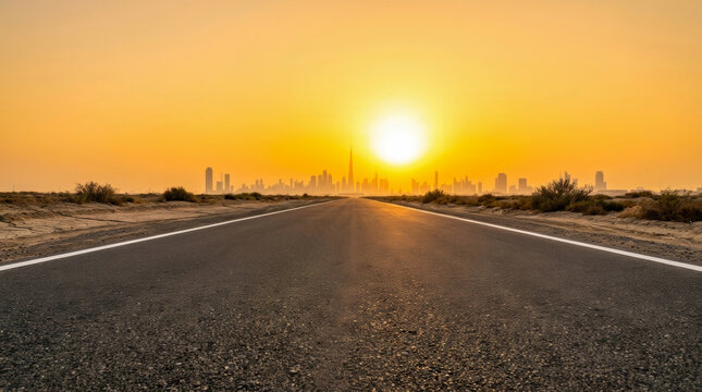 Urban road heat wave city skyline under hot desert sunset glow. Warming crisis climate change. cooling temperature, sun climate weather, sunlight summer