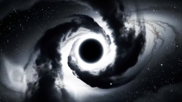 A dark circular void surrounded by swirling cosmic clouds in deep space