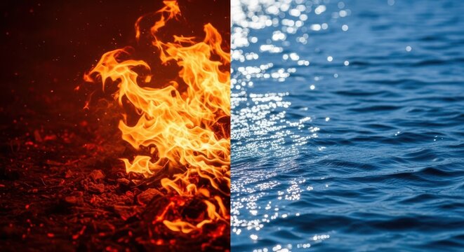 Juxtaposition of fiery flames and sparkling water in a split image