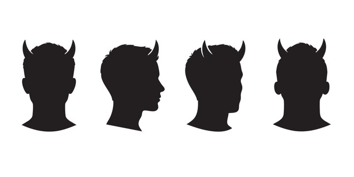 Black Silhouette Vector Set of Devil Horn Head and Demon Profile Avatars