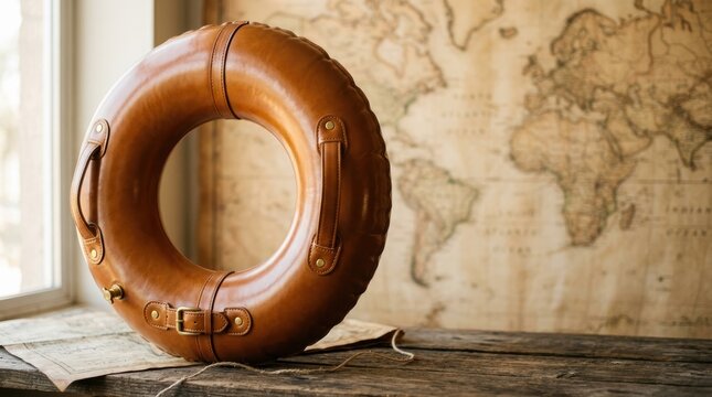 Vintage Lifebuoy Ring Resting on Wooden Surface with Old Wall Background.
