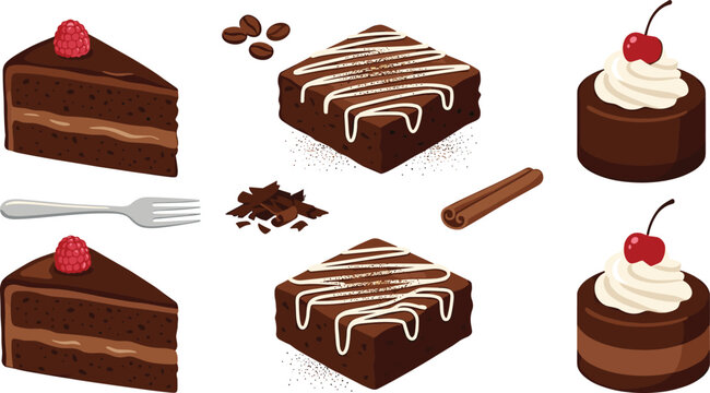 Chocolate Dessert Vector Illustration Featuring Cake Slices, Brownies, Mousse Cakes, Coffee Beans, Cinnamon, and Garnishes