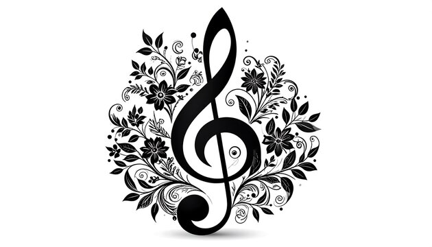 A black treble clef surrounded by floral patterns and leaves on a white background