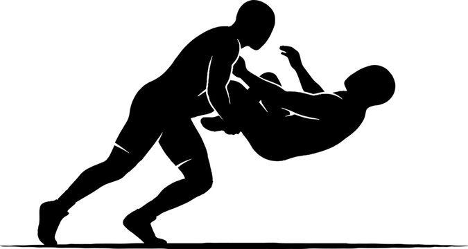 Two wrestlers in intense grappling match action.
