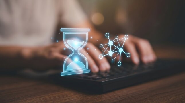 Digital Security Timeout, Data Access Session, and Cyber Network Protection Concept: Floating Luminous Blue Holographic Hourglass Icon and Secure Connection Node above Blurred Typing Hands