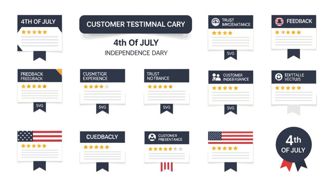 American Independence Day, 4th of July themed social media posts, customer testimonials, reviews, USA flags, patriotic icons. isolated on White Background USA, Editable EPS