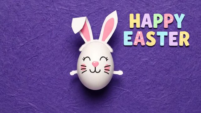 A decorated egg with paper ears sits on a textured purple background