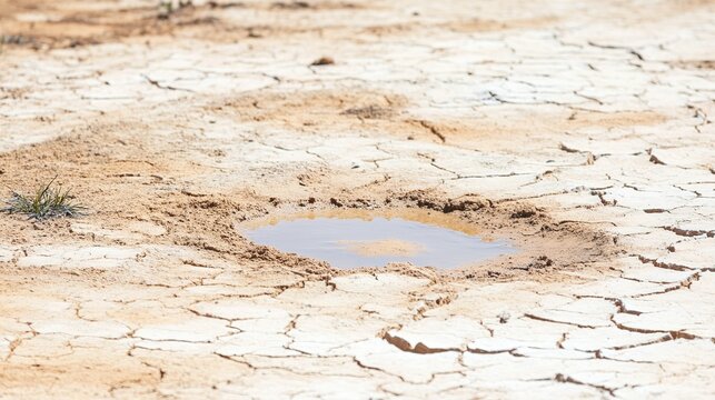 riverbed. Vast parched riverbed with deep cracks and small muddy puddle under harsh sun. ESG reports, sustainability campaigns, designed for sustainability communications and ESG reporting.