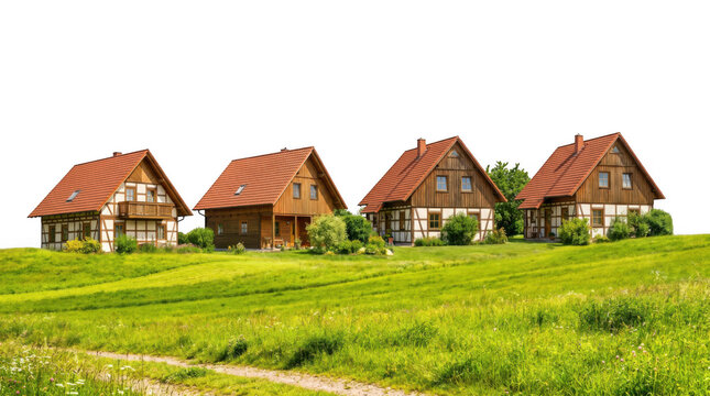Row of traditional village houses with wooden frames in green field on isolated on transparent background