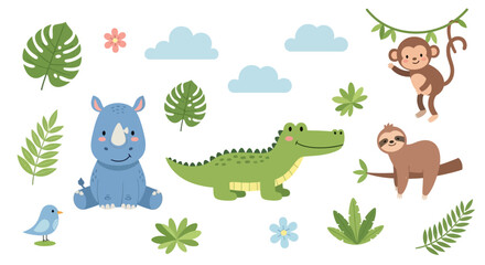 Obraz premium Adorable safari animals collection with rhino crocodile and monkey.