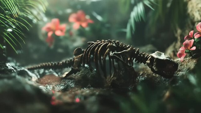 Dinosaur skeleton in lush jungle with vibrant flowers