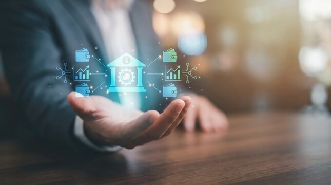 Digital Banking, Cryptocurrency Wallet, and Financial Growth Concept: Brilliant Holographic Interface with Centralized Bank Building, Interconnected Coin Chains, and Growth Nodes above Blurred Hand