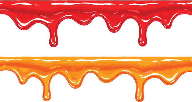 PrintSeamless red strawberry jam and orange caramel syrup horizontal dripping glaze borders vector illustration isolated on white background