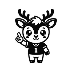 Fototapeta premium Cute cartoon deer mascot character in sports jersey pointing number one finger, black and white vector illustration