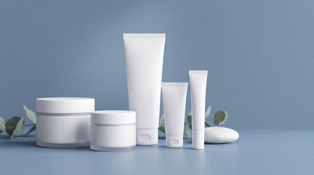 Group of white and blank, unbranded cosmetic cream jars and tubes on blue background. Skin care product presentation. Elegant mockup. Skincare, beauty and spa. Jar, tube with copy space. 3D rendering.