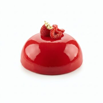 A vibrant red dessert with a shiny glaze topped with fresh strawberries on a white background