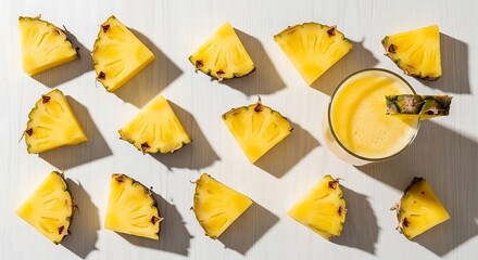 Naklejka premium A top down view of fresh pineapple slices arranged neatly on a bright white wooden table surface