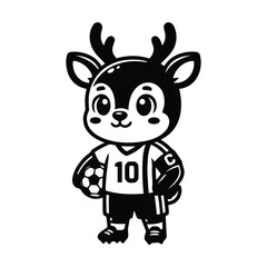 Obraz premium Cute cartoon deer soccer player mascot illustration, black and white sports mascot logo