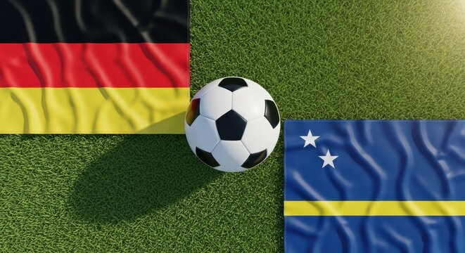 Soccer Ball on Green Grass with Germany and Curacao Flags for International Football Match Concept