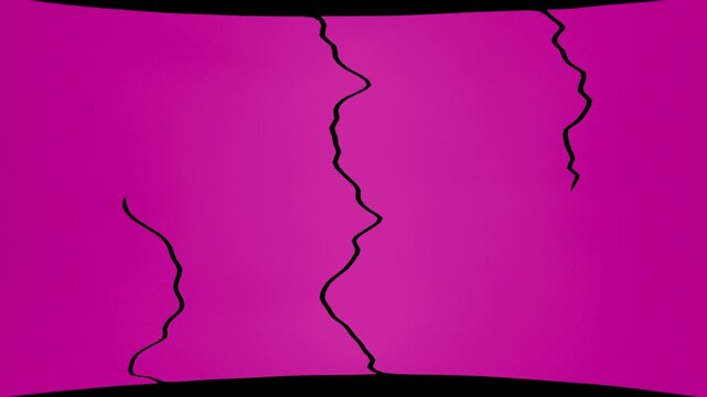 Animation of purple fabric stretching and tearing into pieces, the appearance of torn edges from the tear, changing frames, transition, on a black background for editing.