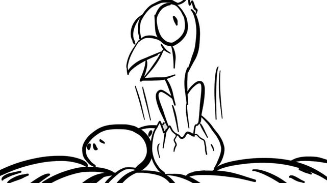 Funny doodle illustration of a strong, muscular newborn bird flexing its muscles as it hatches from an egg under a heat lamp