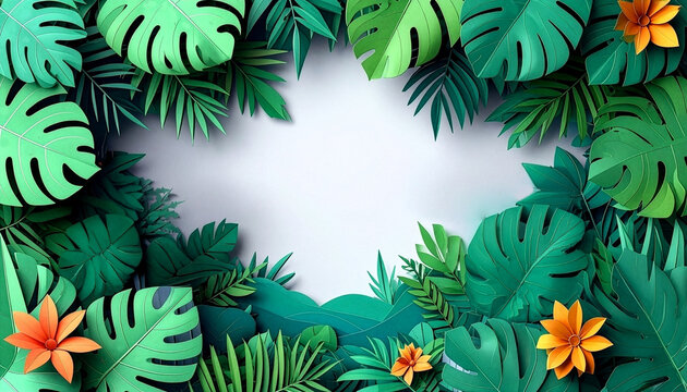 Paper Cut Tropical Monstera Leaves Frame on White Background