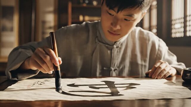 Artist practicing traditional Chinese calligraphy with brush and ink.