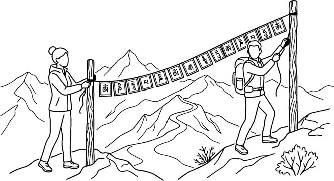 Hikers holding prayer flags in mountain landscape.