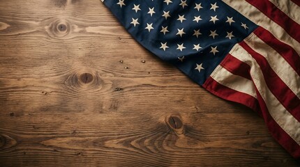 Obraz premium American flag on rustic wood table patriotic symbolism united states of america overhead view