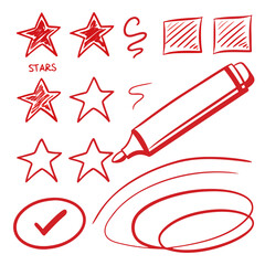 Fototapeta premium Red marker stars squares doodles and swirls.