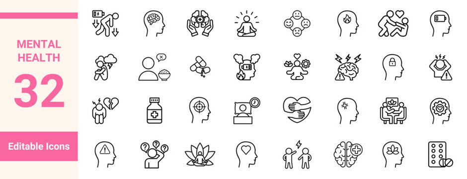 Mental health editable line icon set. Symbol sign vector of psychology, wellness, therapy, mindfulness, emotional support, stress management and self care concepts