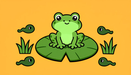 Naklejka premium Cute cartoon frog sitting on a lily pad with tadpoles and water grass