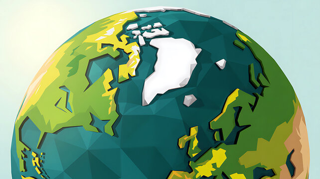 Geometric Earth: A stylized, low-poly representation of Earth, showcasing continents with bold green and yellow hues against a serene blue backdrop.