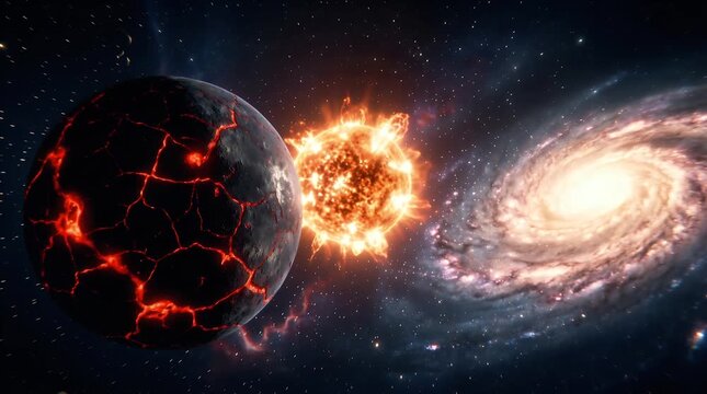A dramatic cosmic scene depicting a cracked planet, an exploding star, and a distant spiral galaxy in deep space.