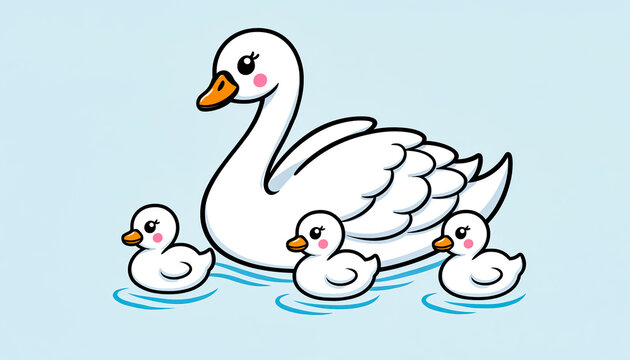 Cute cartoon swan with three little ducklings swimming in the water