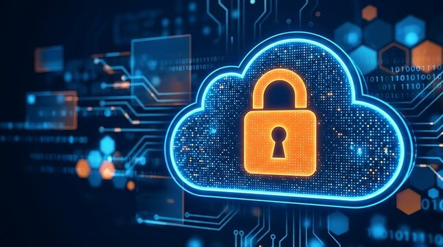 Cloud with orange padlock on digital circuit background blue background cybersecurity