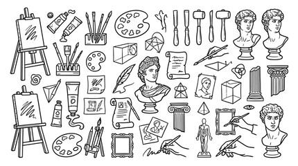 Fototapeta premium Artistic Tools, Sculptures, and Classic Elements - Hand-Drawn Illustration