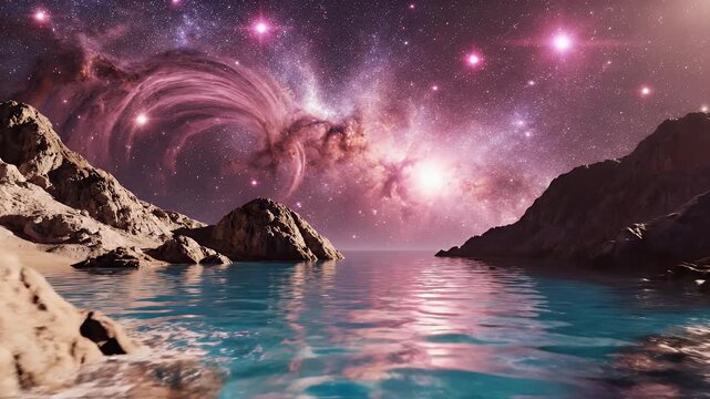 Rocky alien shore reflects vibrant nebula and star-filled sky