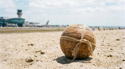 Old worn-out soccer ball resting on sandy beach during daytime.