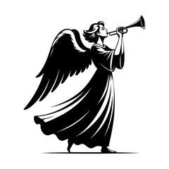 Angel silhouette blowing trumpet in black and white © Songram